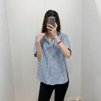 Uniqlo Sanlitun 2021 new summer high-quality long-staple cotton striped open collar shirt short-sleeved womens clothing