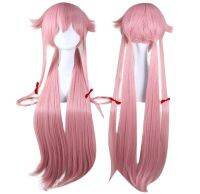 The Future Diary Yuno Gasai 80ซม. สีชมพูยาวตรงผู้หญิงทนความร้อนได้ชุดคอสเพลย์ผู้หญิงวิก + หมวก