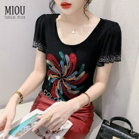 ➧Miou เสื้อยืดแขนสั้น ผ้าตาข่าย สองชั้น ประดับเพชร แต่งระบาย แฟชั่นฤดูร้อน สไตล์เกาหลี สําหรับผู้หญิง 2023