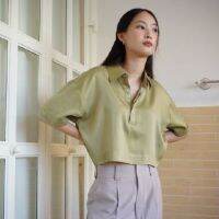 Roll&amp;Rover ROLLING satin shirt (Lime) เสื้อเชิ้ตโปโล Oversized Crop คอปก ผ้าPremium Satin