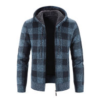 ZEAVAN Men Coat Plaid Print Hooded Zipper Closure Padded Thickened Keep Warm Acrylic Men Hooded Sweater Cardigan Jacket For Daily Wear Popular Autumn Cardigan