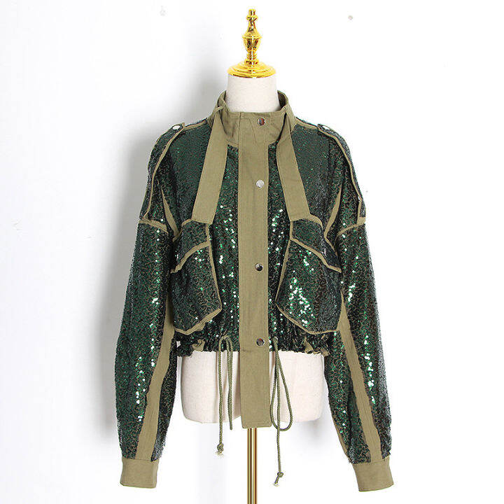 galcaur-green-patchwork-sequin-jackets-for-women-stand-collar-long-sleeve-hit-color-short-coats-female-2022-autumn-clothing