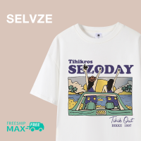 SELVZE เสื้อโอเวอร์ซีลแขนขาสั้นพิมพ์ตัวอักษรสำหรับผู้หญิง,รูปการ์ตูนลำลองสไตล์เกาหลี