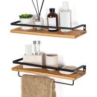 Wood Floating Shelves Wall Mounted Bathroom Shelf Rustic Storage Shelves with Removable Towel Holder for Kitchen Living Room