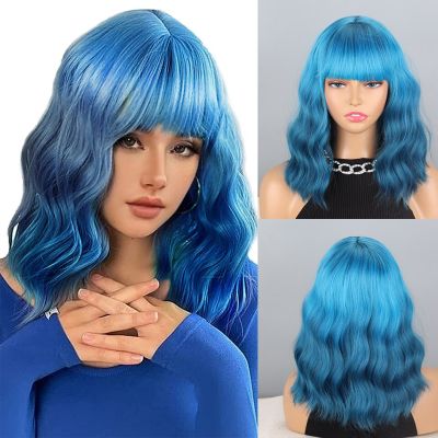 Short Blue Wigs With Bangs Wavy Bob Blue Wigs For Women Syntheic Cosplay Short Dark Blue Wavy Wig For Girls Halloween Party