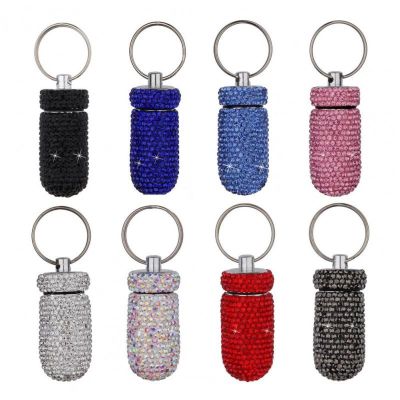 Newest Medicine Pill Case Box Outdoor Pill Organizer Drug Capsule Storage Box Holder Waterproof Rhinestone Keychain Container