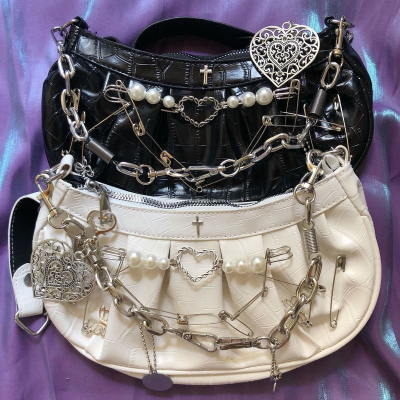 Xiuya Harajuku Gothic Shoulder Bag Women Vintage Cross Clip Pearl Chain Goth Bag Pleated Dumplings Handbag Woman Clutch