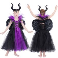 Kids Maleficent Gown Dress Black Devil Tutu Costume Halloween Girls Fancy Tutu Dress with Feather Shawl Royal Dark Queen Clothes