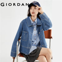 GIORDANO Women Jackets Rounded Turn-Down Collar Washed Denim Jackets Big Pockets Fashion Casual Loose Denim Jackets 18373203