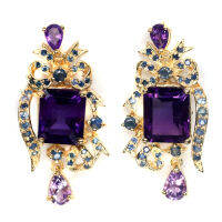 ต่างหูพลอยแท้ อเมทิสต์ (Amethyst) 10 x 12 mm. ล้อม ไพลินน้ำเงิน เงินแท้ 925 ชุบทอง18k