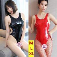 Glossy Patent Leather Jumpsuit Black Backless High Fork Dead Pool Water Sexy Large Size Round Neck Vest Tight Briefs Tide