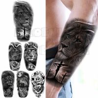 Black Lion Cross Temporary Tattoos For Men Adults Realistic Fake Wolf Rose Compass Tattoo Stickers Waterproof Forearm Tatoos DIY