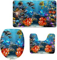 【ปัจจุบัน】3ชิ้น/เซ็ตสัตว์น้ำ Tropical Fish Pattern ห้องอาบน้ำ Non Skid Bath Mats Set Soft Bathroom Rug Contour Lid Toilet Cover