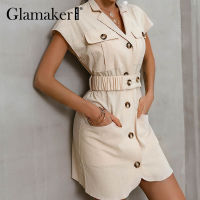 2021Glamaker Cotton casual fashion all-match mini dress Female buttons pocket office ladies white dress with belt Elegant vestidos