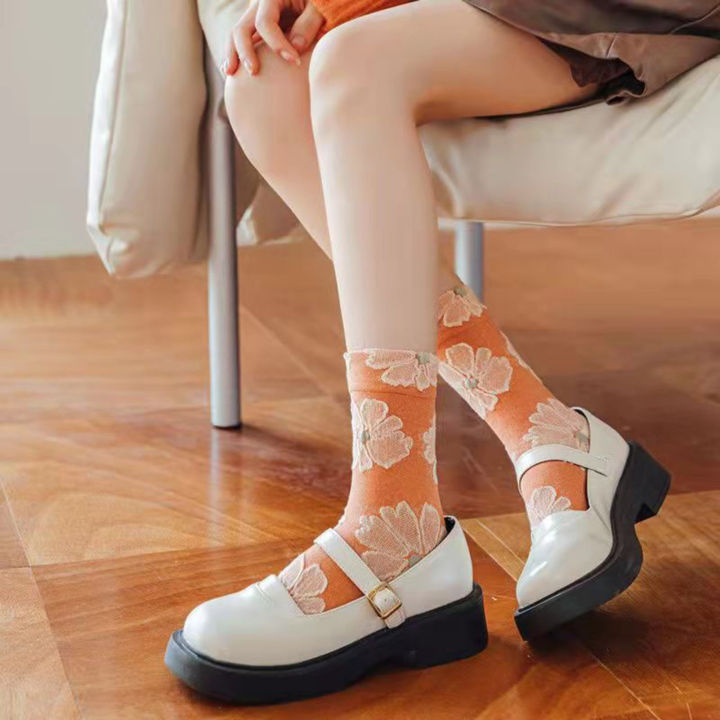 ถุงเท้าหุ้มข้อสำหรับสตรีวัยรุ่นหญิงถุงเท้าดอกไม้แต่งระบายผ้าฝ้ายลายดอกไม้แปลกใหม่