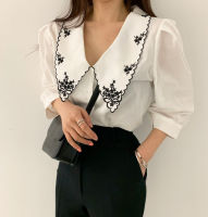 Korean Chic Retro Design Lapel Plus Size Blusas Women Casual Heavy Embroidery Hit Color Single-breasted Loose Puff Sleeve Shirt