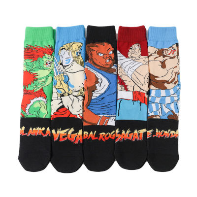 5 pairs of cotton personality anime socks for men in tube Street Fighter game socks trend cartoon men socks