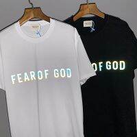 FEAR OF GOD เสื้อยืดแขนสั้นสะท้อนแสง,เสื้อกันหนาวแขนสั้นชายและหญิงบริสุทธิ์ผ้าฝ้ายหลวมฤดูร้อน