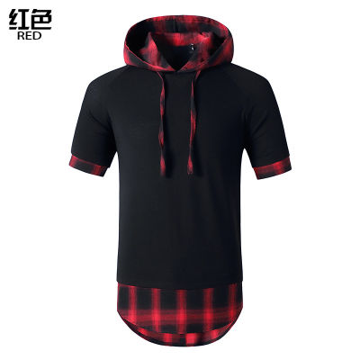 Red Black Plaid Patchwork Extra Long Hooded Tshirt Men Hip Hop Short Sleeve Casual T Shirt Homme Casual Harajuku Streetwear Tees