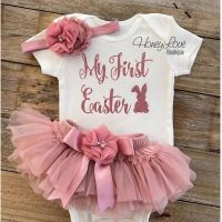 Newborn Sets Baby clothing Girl Infant Outfit Short Sleeve Easter Romper Top Bow Mesh Skirt 3pcs outfits Clothes