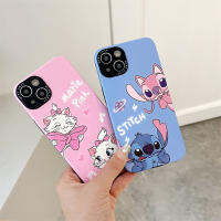 ลายแมวแมรี่น่ารักเป็นคู่ตะเข็บสีฟ้าสีชมพูสำหรับ IPhone14 13 12 11 Pro Max เคสโทรศัพท์แฟชั่นหนังคุณภาพสูง