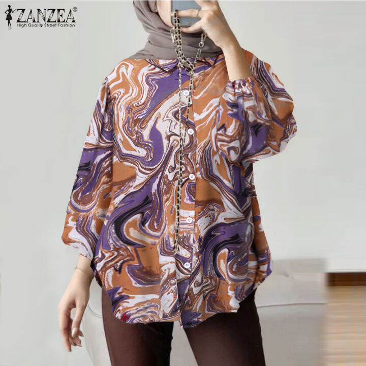 สินค้ามาใหม่-จัดส่งฟรี-fancystyle-zanzea-เสื้อผู้หญิงมุสลิมลำลอง-เสื้อมีปกแบบมีกระดุมเสื้อลายพิมพ์เรียบง่าย