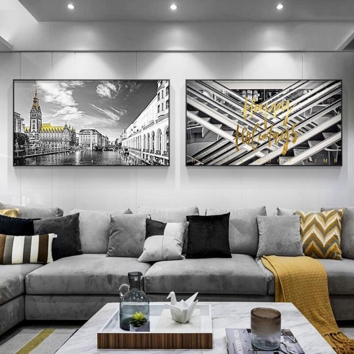 modern-city-view-ประตูสีเหลืองสีดำและสีขาวภาพวาดตกแต่งบ้านภาพวาดผ้าใบ-art-ภาพผนังสำหรับห้องนั่งเล่น-posters