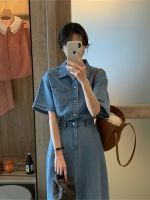 Women Summer Light Blue Denim Midi Dress Korean Style Short Sleeve Lapel Pockets Single Breasted Casual Jean Dresses Vintage