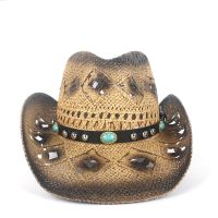 [Hana Clothing Store] ฟางหมวกคาวบอยตะวันตกกลวงสำหรับผู้หญิงผู้ชายงานแฮนด์เมด Sombrero Hombre Beach Cowgirl แจ๊สขนาด56-58ซม.