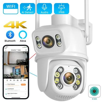 6MP 4K PTZ Wifi กล้องเลนส์คู่พร้อมหน้าจอคู่ Ai Human Detect การติดตามอัตโนมัติ Night Vision กล้องเฝ้าระวังกลางแจ้ง ICSee