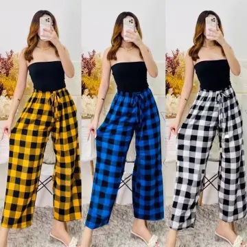 Red Tartan Check Wide Leg Pants, Pants