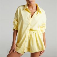 ；【‘；- Summer Womens Fashion Suit Casual Color Patchwork Single Breasted Shirt Elastic Shorts Two-Piece Daily Commuting Loose Clothing