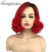 Strongbeauty ผมทนความร้อนได้สำหรับผู้หญิงผมวิกผมสังเคราะห์เป็นลอนร่างกายแบบสั้นวิกผมสีแดง