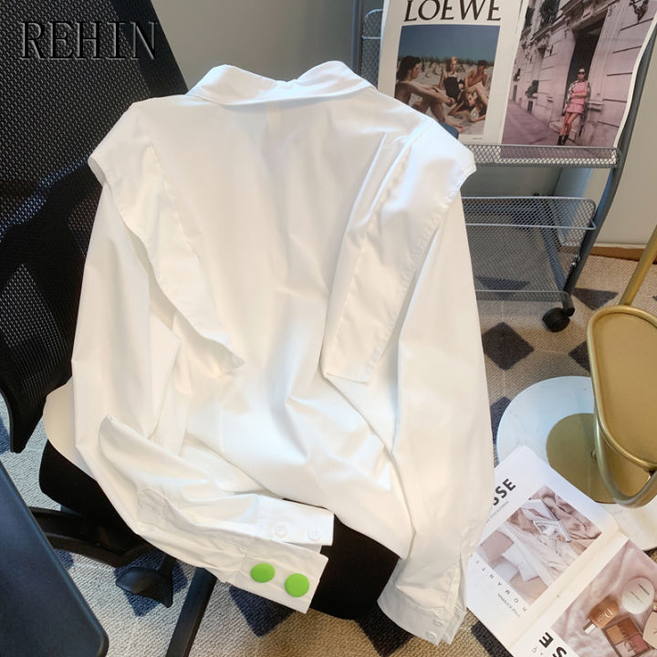 rehin-เสื้อผู้หญิงสีขาวแขนยาวลำลอง-เสื้อโปโลมีปกการออกแบบที่ไม่เหมือนใคร