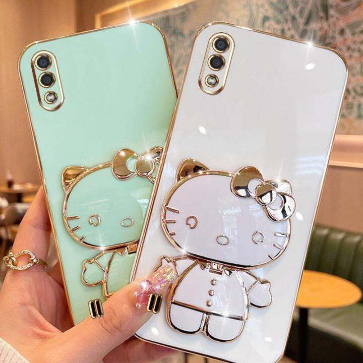 folding-makeup-mirror-phone-case-for-samsung-galaxy-a01-m01-case-fashion-cartoon-cute-cat-multifunctional-bracket-plating-tpu-soft-cover-casing