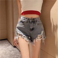 COD 1005# Black denim shorts womens summer high waist made of old holes showing thin legs long a-line hot pants