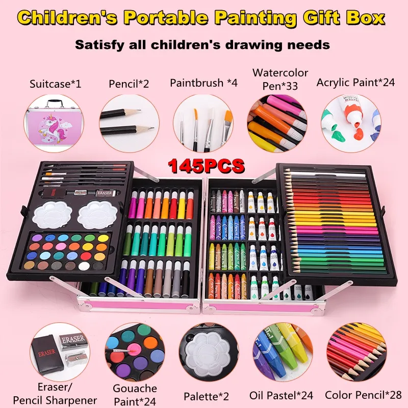 145 Pcs Oil Pastel Color Pencil Crayon Watercolor Pen Eraser Sharpener Art  Set Drawing Kit