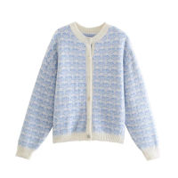 Za  Blue Jacquard Knit Cardigan Women Long Sleeve Front Buttoned Winter Knitted Sweaters Coat Vintage Fitted Woman Cardigans