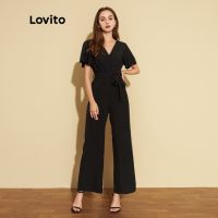 Lovito Elegant Plain Butterfly Sleeve Delicate Texture Women Jumpsuits L25ED086 (Black)