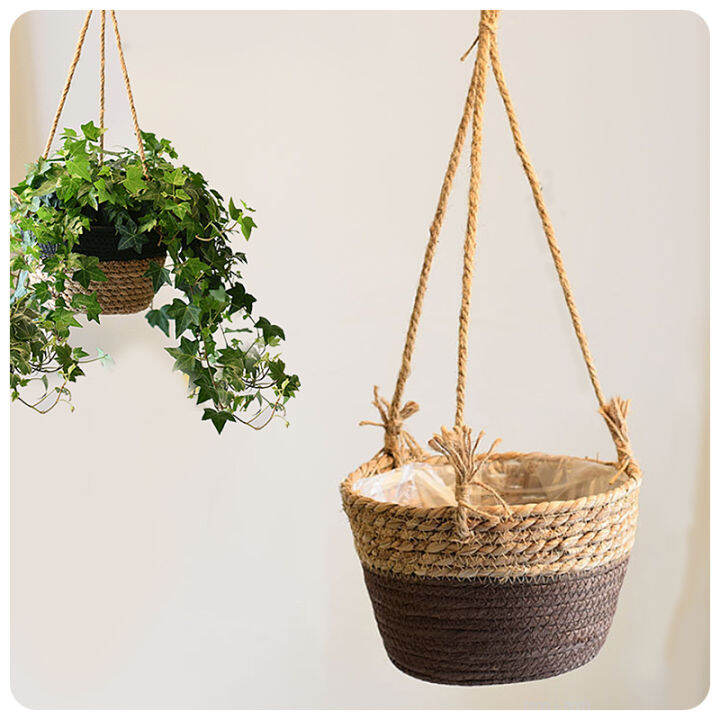 Garden Jute Rope Hanging Planter Basket Rattan Woven Plant Hanger with