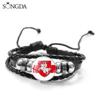 Retro Republic of Belarus National Emblem White Knight Bracelets Cartoon Printed Glass Dome Buckle Multilayer Leather Bracelet