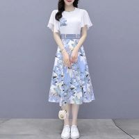 COD IOED95 Fashion suit female 2021 slimming T-shirt printed chiffon top half-length skirt two-piece female时尚套装女2021年显瘦T恤印花雪纺上衣半身长裙两件套女minghannongye.my7.10