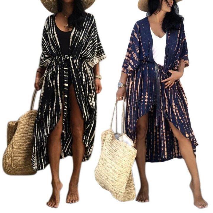 youyo-women-summer-swimsuit-bikini-cover-up-3-4-sleeves-tie-dye-striped-printed-open-front-kimono-cardigan-belted-waist-maxi-long-blouse-beachwear