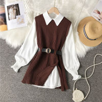 Autumn Winter College Style Two Piece Set Womens Lantern Sleeve White Shirt Blouse+Knitted Sweater Split Vest With Belt