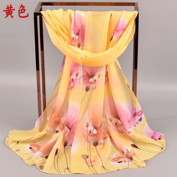 gradient-ginkgo-ชีฟองพิมพ์ผ้าพันคอผ้าไหมยาวสุภาพสตรีผ้าพันคอผ้าไหมขนาดเล็ก-lady-chiffon-shawl