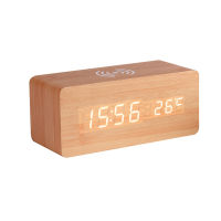 USBAAA LED Digital Wooden Alarm Clock Wireless Charging Pad For HD Mirror Digital Clock Date Sound Control Home Decor