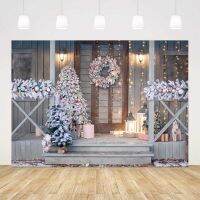 【ร้อน】พื้นหลังคริสต์มาสสำหรับ Phtoography Woodand Door Christmas Tree Photo Background Studio X Mas Family Party Decoration