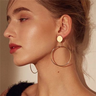 【YP】 fashion gold plated geometric big round Clip earrings for women hollow Ear clip