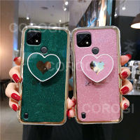 For Realme C21 Case + Love Heart Stand Holder  Fashion Ultra Thin Bling Glitter Plating Girls Phone Casing Soft TPU Silicone Shockproof Cellphone Case