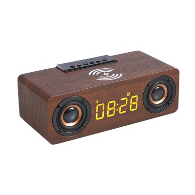 Fast Wireless Charger Wooden Wireless Bluetooth Speaker Alarm Clock 3D Stereo Boombox Soundbar